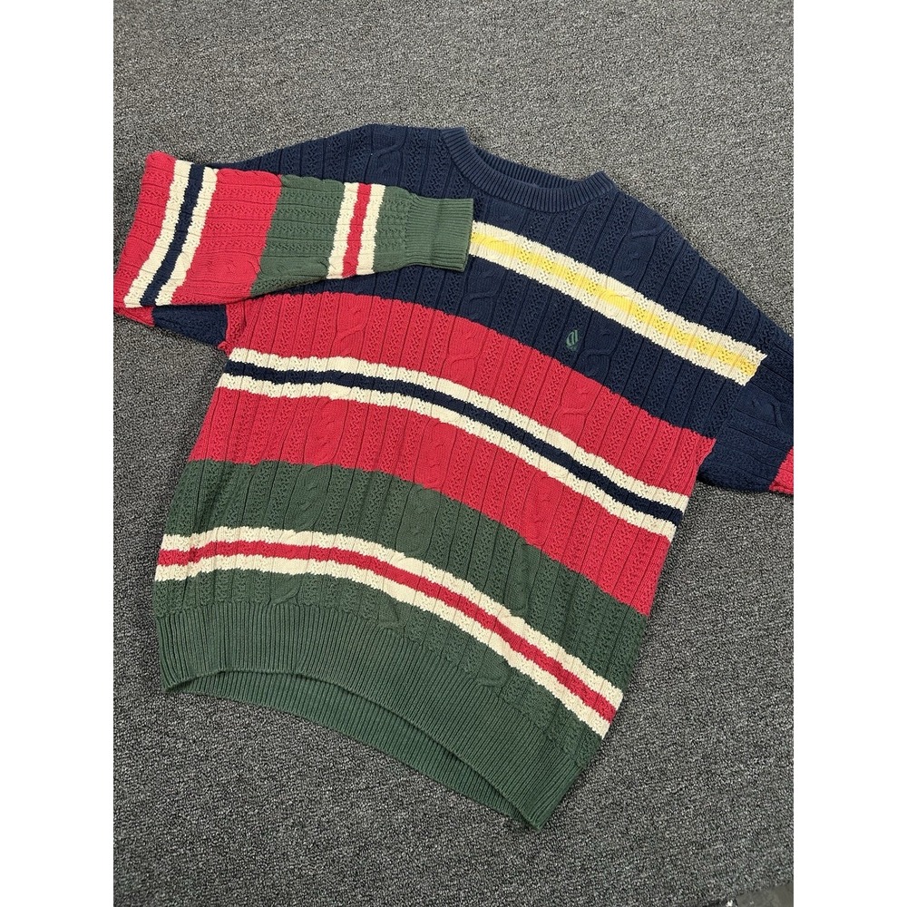 Vintage Nautica Sweater Men Large Cable Knit Rugby Striped Fisherman‎ Preppy Red